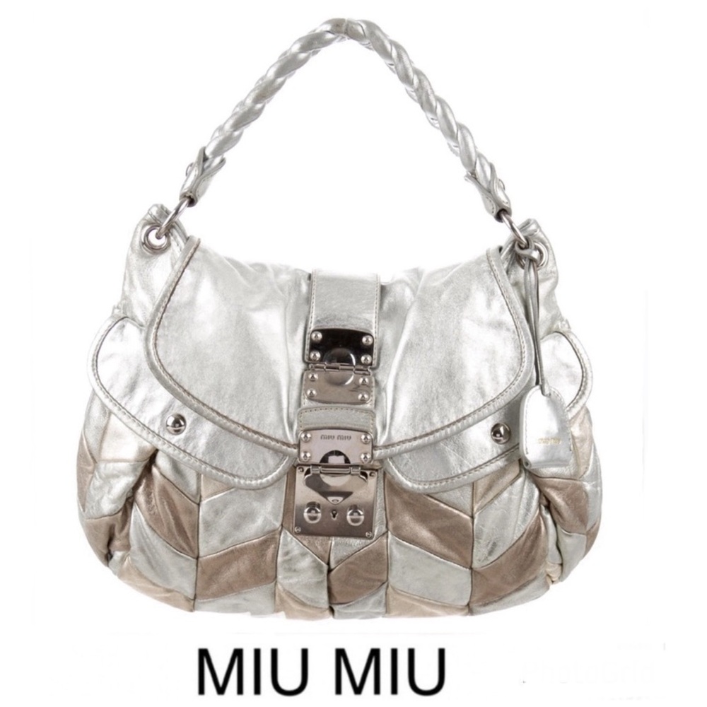 ♦️SOLD♦️MIU MIU Coffer Metallic Silver Gold Bronze Leather Patchwork Shoulder - Picture 1 of 16